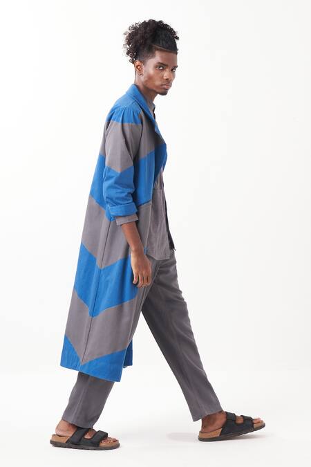 Three Grey Melange Embroidered Stripes Diagonal Panel Long Jacket Pant Set at Aza Fashions Three_Grey Melange Embroidered Stripes Diagonal Panel Long Jacket Pant Set _at_Aza_Fashions