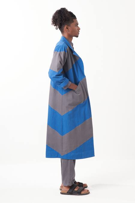 Buy Three Grey Melange Embroidered Stripes Diagonal Panel Long Jacket Pant Set Buy_Three_Grey Melange Embroidered Stripes Diagonal Panel Long Jacket Pant Set