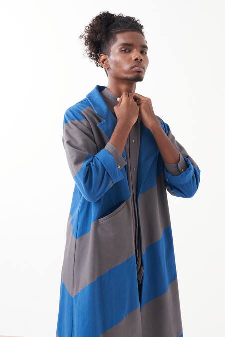 Shop Three Grey Melange Embroidered Stripes Diagonal Panel Long Jacket Pant Set Shop_Three_Grey Melange Embroidered Stripes Diagonal Panel Long Jacket Pant Set