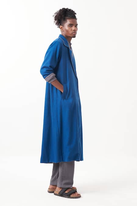 Buy_Three_Blue Shirt And Pant Melange Embroidered Quilted Back Panel Trench Jacket Set _Online_at_Aza_Fashions