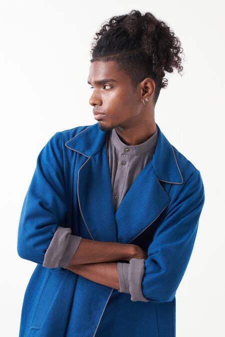 Shop_Three_Blue Shirt And Pant Melange Embroidered Quilted Back Panel Trench Jacket Set _Online_at_Aza_Fashions