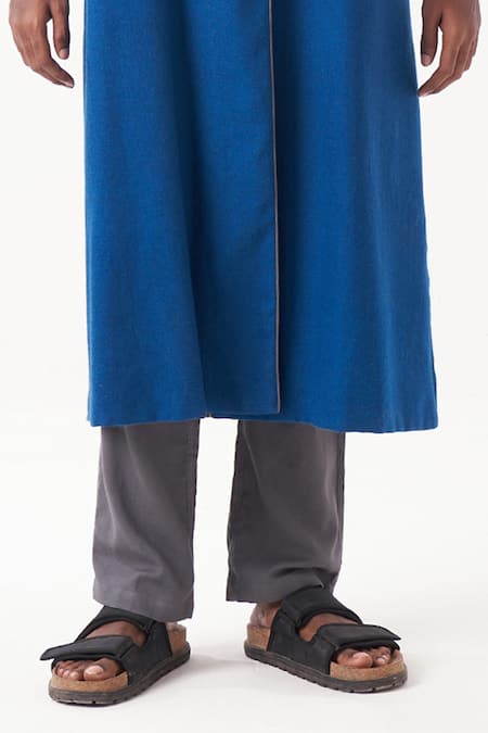 Three_Blue Shirt And Pant Melange Embroidered Back Quilted Panel Trench Jacket Set _Online_at_Aza_Fashions