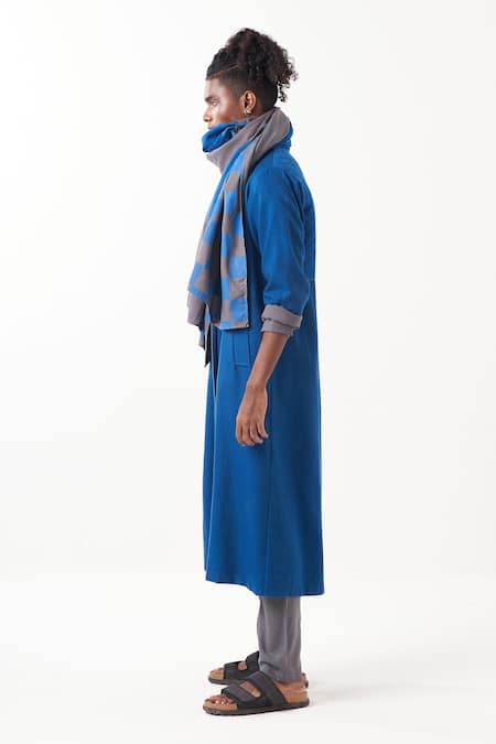 Buy_Three_Blue Shirt And Pant Melange Embroidered Back Quilted Panel Trench Jacket Set 