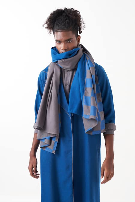 Shop_Three_Blue Shirt And Pant Melange Embroidered Back Quilted Panel Trench Jacket Set 