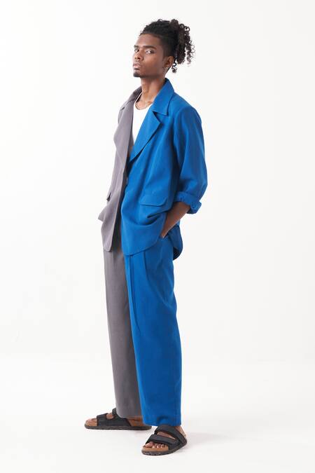 Shop Three Blue Melange Colour Block Jacket With Pant Online at Aza Fashions Shop_Three_Blue Melange Colour Block Jacket With Pant _Online_at_Aza_Fashions