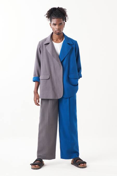 Three Blue Melange Colour Block Jacket With Pant at Aza Fashions Three_Blue Melange Colour Block Jacket With Pant _at_Aza_Fashions