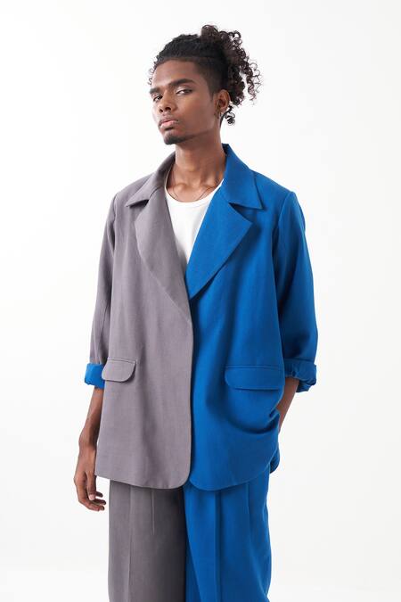 Buy Three Blue Melange Colour Block Jacket With Pant Buy_Three_Blue Melange Colour Block Jacket With Pant