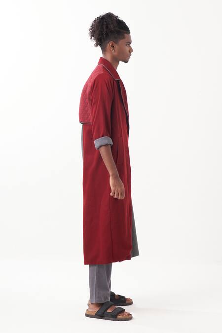 Three Red Pant Melange Quilted Two-tone Panel Jacket With Online at Aza Fashions Three_Red Pant Melange Quilted Two-tone Panel Jacket With _Online_at_Aza_Fashions