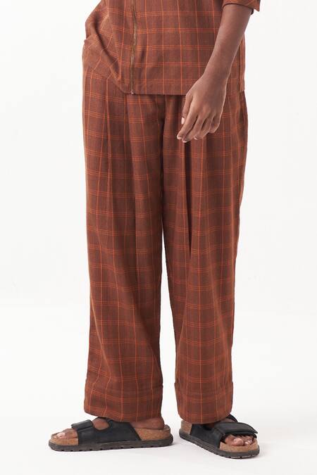 Three Brown Melange Checkered Pleated Pant Online at Aza Fashions Three_Brown Melange Checkered Pleated Pant _Online_at_Aza_Fashions
