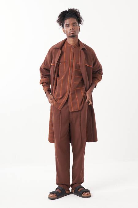 Shop_Three_Brown Melange Checkered Reversible Long Jacket _at_Aza_Fashions