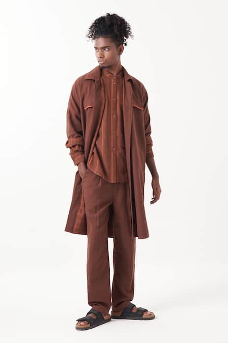 Three_Brown Melange Checkered Reversible Long Jacket _Online_at_Aza_Fashions