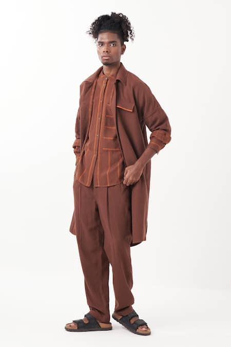 Buy_Three_Brown Melange Checkered Reversible Long Jacket _Online_at_Aza_Fashions