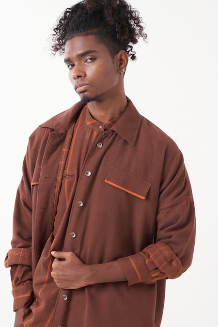 Shop_Three_Brown Melange Checkered Reversible Long Jacket _Online_at_Aza_Fashions