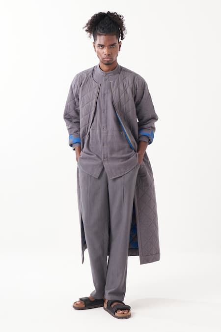 Three_Grey Melange Quilted Long Jacket _Online_at_Aza_Fashions