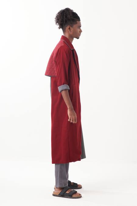 Three_Grey Wool Two Toned Long Jacket _Online_at_Aza_Fashions