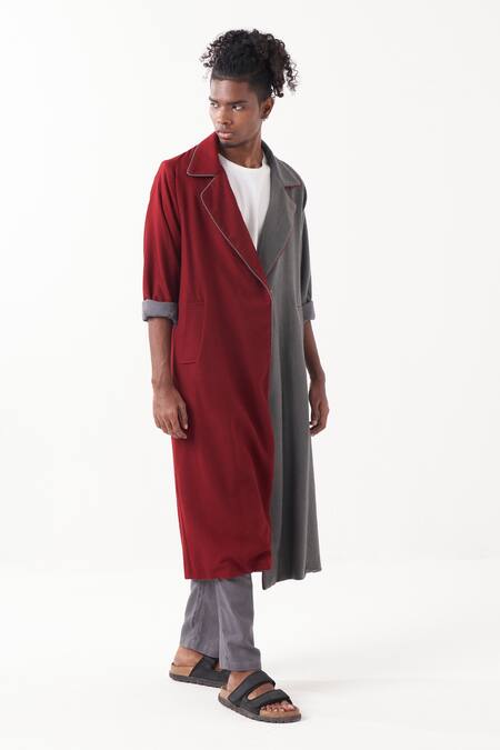 Shop_Three_Grey Wool Two Toned Long Jacket _Online_at_Aza_Fashions