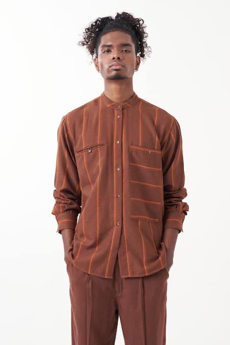 Shop_THREE_Brown Melange Stripe Band Collar Shirt _at_Aza_Fashions