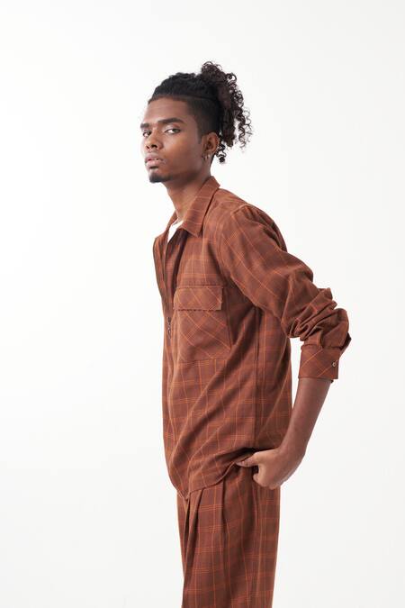 Three_Brown Melange Checkered Detailed Shirt _Online_at_Aza_Fashions