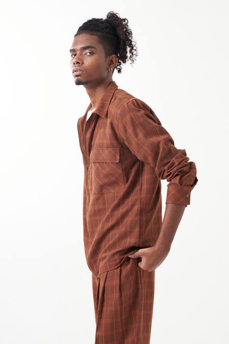 Buy_Three_Brown Melange Checkered Detailed Shirt _Online_at_Aza_Fashions
