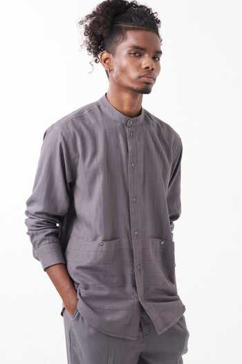 Three_Grey Melange Solid Stripe Detailed Shirt _Online_at_Aza_Fashions