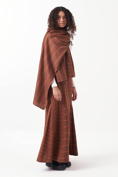 Shop Three Brown Melange Chequered Gusset Panelled Skirt With Scarf at Aza Fashions Shop_Three_Brown Melange Chequered Gusset Panelled Skirt With Scarf _at_Aza_Fashions
