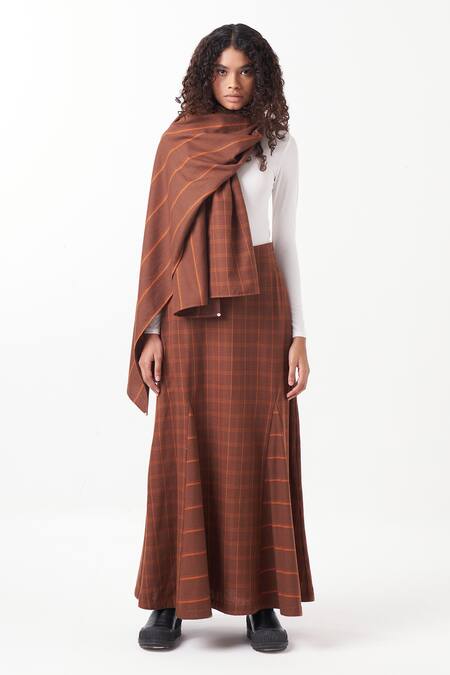 Three Brown Melange Chequered Gusset Panelled Skirt With Scarf Online at Aza Fashions Three_Brown Melange Chequered Gusset Panelled Skirt With Scarf _Online_at_Aza_Fashions