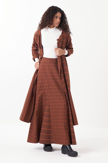 THREE Brown Melange Chequered Lapel Collar Reversible Jacket With Skirt 