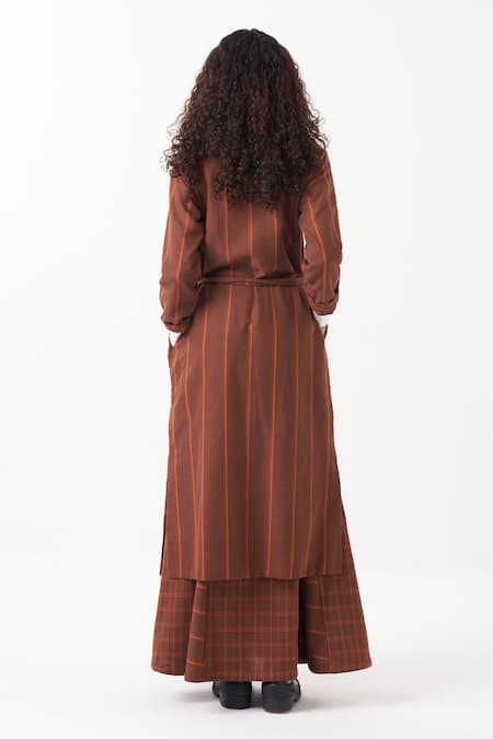 Shop_Three_Brown Melange Chequered Lapel Collar Reversible Jacket With Skirt _at_Aza_Fashions