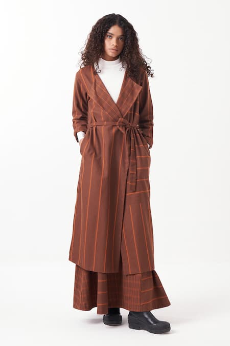 Three_Brown Melange Chequered Lapel Collar Reversible Jacket With Skirt _Online_at_Aza_Fashions