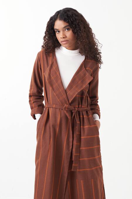 Shop_Three_Brown Melange Chequered Lapel Collar Reversible Jacket With Skirt _Online_at_Aza_Fashions