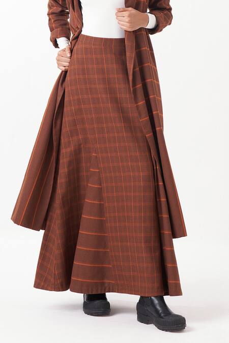 Three_Brown Melange Chequered Lapel Collar Reversible Jacket With Skirt _at_Aza_Fashions