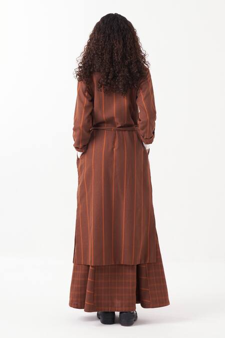 Shop_Three_Brown Melange Chequered Lapel Collar Reversible Jacket And Skirt Set _at_Aza_Fashions