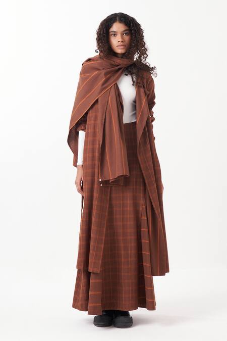 Shop_Three_Brown Melange Chequered Lapel Collar Reversible Jacket And Skirt Set _Online_at_Aza_Fashions