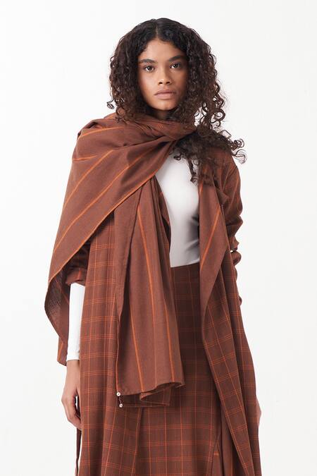Three_Brown Melange Chequered Lapel Collar Reversible Jacket And Skirt Set _at_Aza_Fashions