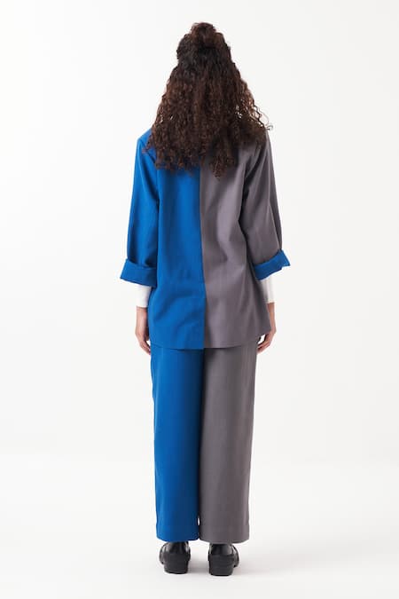 Shop_Three_Blue Melange Plain Lapel Collar Color Block Jacket With Pant _at_Aza_Fashions
