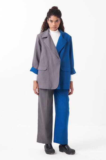 Three_Blue Melange Plain Lapel Collar Color Block Jacket With Pant _Online_at_Aza_Fashions