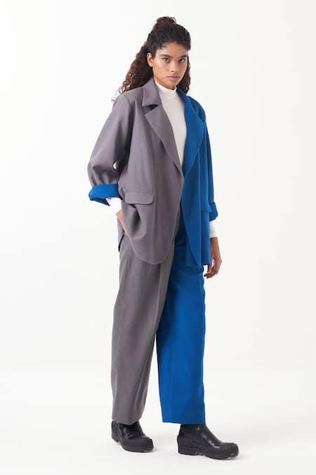 Buy_Three_Blue Melange Plain Lapel Collar Color Block Jacket With Pant _Online_at_Aza_Fashions