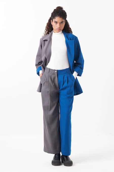 Shop_Three_Blue Melange Plain Lapel Collar Color Block Jacket With Pant _Online_at_Aza_Fashions