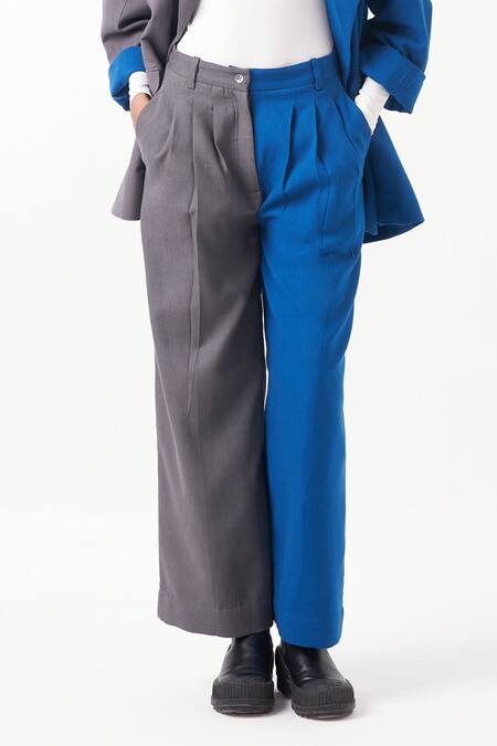 Three_Blue Melange Plain Lapel Collar Color Block Jacket With Pant _at_Aza_Fashions