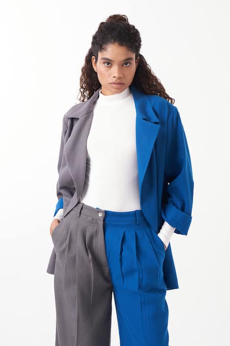 Buy_Three_Blue Melange Plain Lapel Collar Color Block Jacket With Pant 