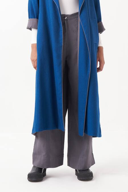 Buy_Three_Blue Jacket  Wool Chequered Scarf Notch Collar And Pant Set _Online_at_Aza_Fashions