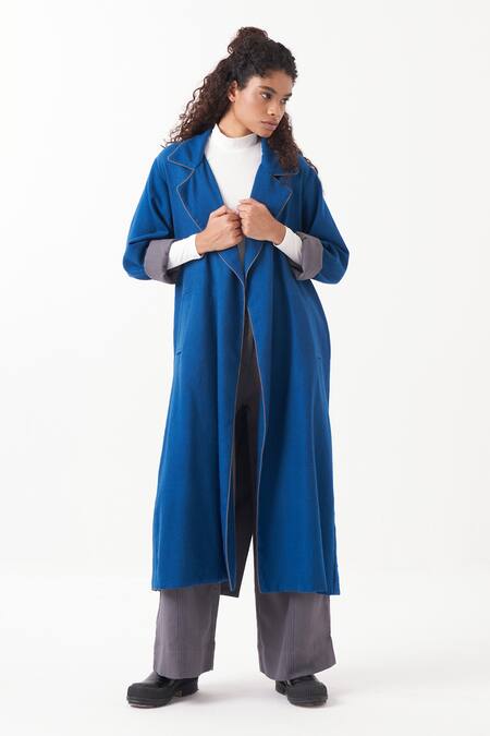 Shop_Three_Blue Jacket  Wool Chequered Scarf Notch Collar And Pant Set _Online_at_Aza_Fashions