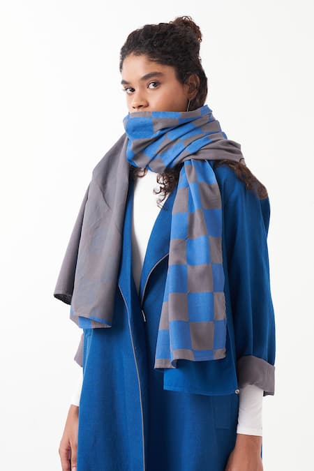 Three_Blue Jacket  Wool Chequered Scarf Notch Collar And Pant Set _at_Aza_Fashions