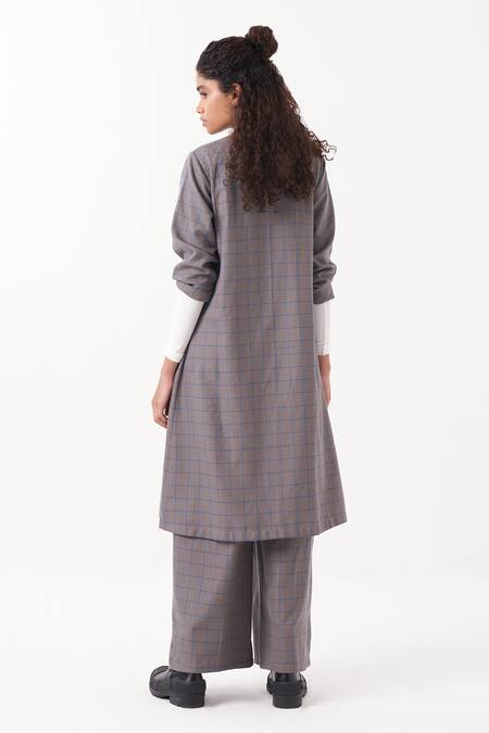 Shop Three Grey Melange Chequered Wrap Collar Overlay Jacket With Pant at Aza Fashions Shop_Three_Grey Melange Chequered Wrap Collar Overlay Jacket With Pant _at_Aza_Fashions