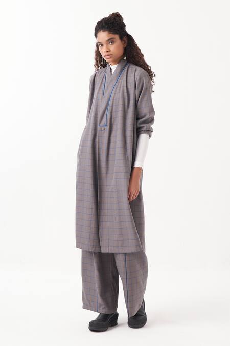 Buy Three Grey Melange Chequered Wrap Collar Overlay Jacket With Pant Online at Aza Fashions Buy_Three_Grey Melange Chequered Wrap Collar Overlay Jacket With Pant _Online_at_Aza_Fashions