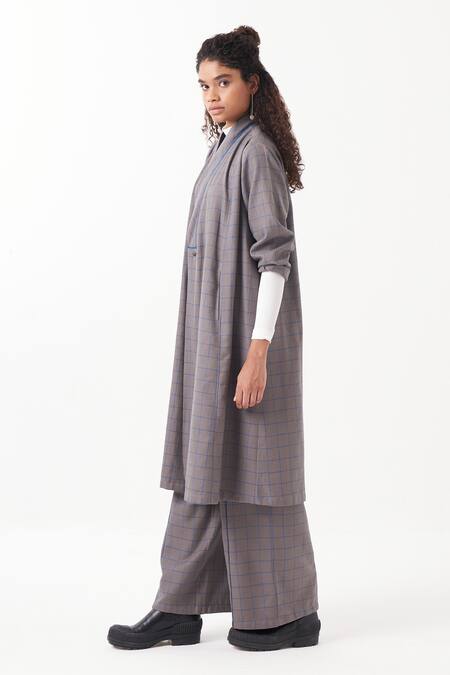 Shop Three Grey Melange Chequered Wrap Collar Overlay Jacket With Pant Online at Aza Fashions Shop_Three_Grey Melange Chequered Wrap Collar Overlay Jacket With Pant _Online_at_Aza_Fashions