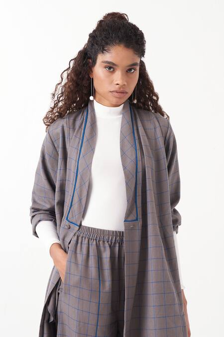 Three Grey Melange Chequered Wrap Collar Overlay Jacket With Pant at Aza Fashions Three_Grey Melange Chequered Wrap Collar Overlay Jacket With Pant _at_Aza_Fashions