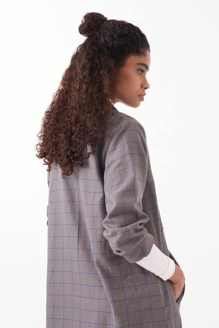Buy Three Grey Melange Chequered Wrap Collar Overlay Jacket With Pant Buy_Three_Grey Melange Chequered Wrap Collar Overlay Jacket With Pant