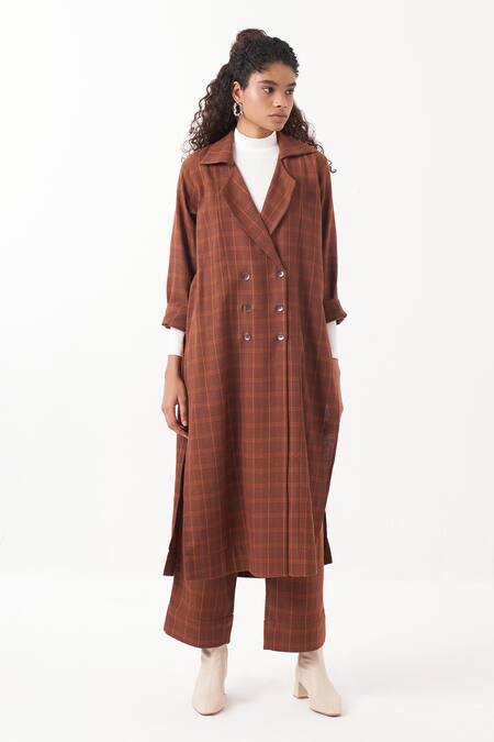Three Brown Melange Chequered Lapel Collar Kaftan Jacket With Pant Online at Aza Fashions Three_Brown Melange Chequered Lapel Collar Kaftan Jacket With Pant _Online_at_Aza_Fashions