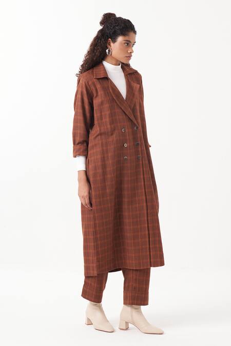 Buy Three Brown Melange Chequered Lapel Collar Kaftan Jacket With Pant Online at Aza Fashions Buy_Three_Brown Melange Chequered Lapel Collar Kaftan Jacket With Pant _Online_at_Aza_Fashions
